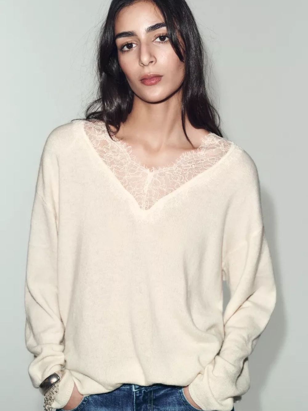Zara Lace-Trim V-Neck Sweater in Cream